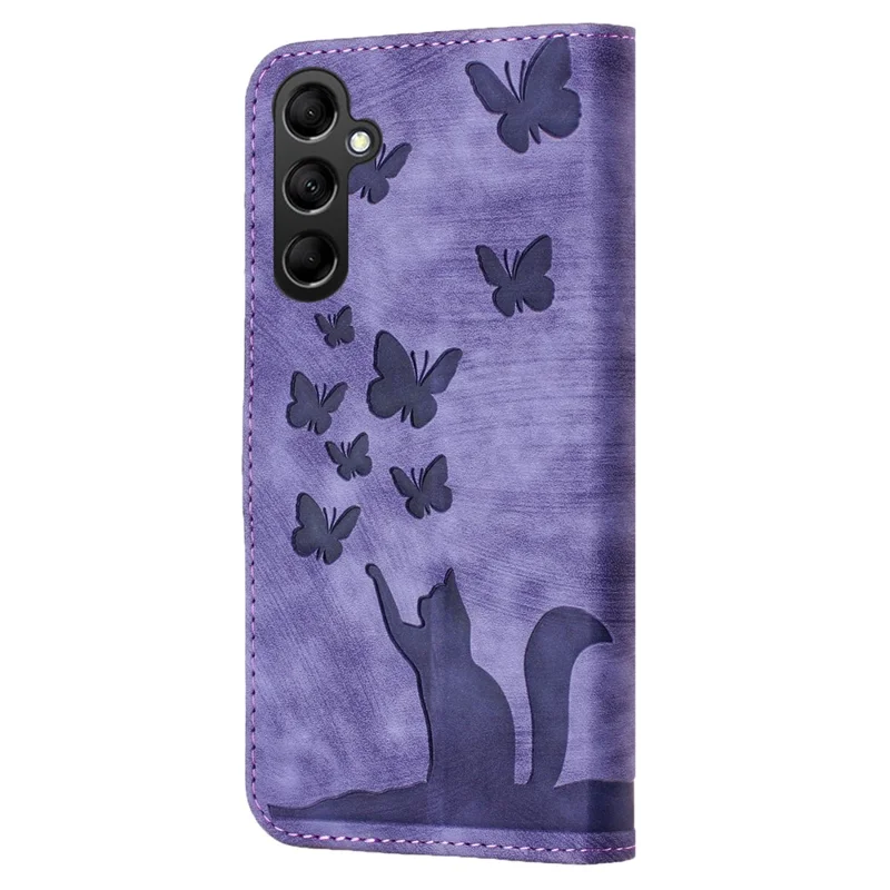For Samsung Galaxy A15 5G Case Butterfly Cat Imprinted PU Leather Phone Cover - Purple