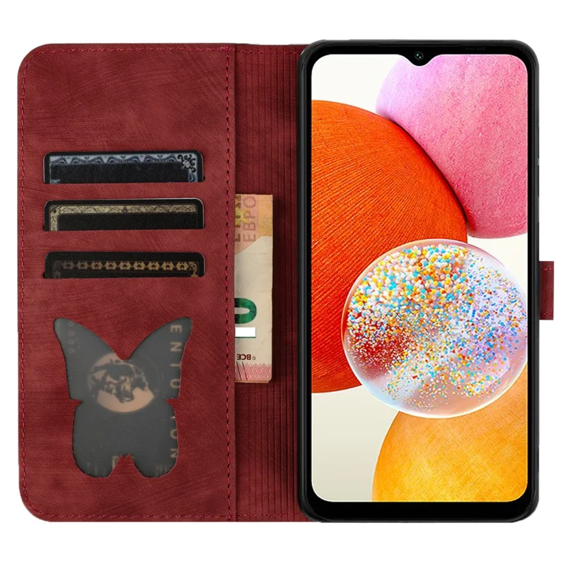 For Samsung Galaxy A15 5G Case Butterfly Cat Imprinted PU Leather Phone Cover - Red