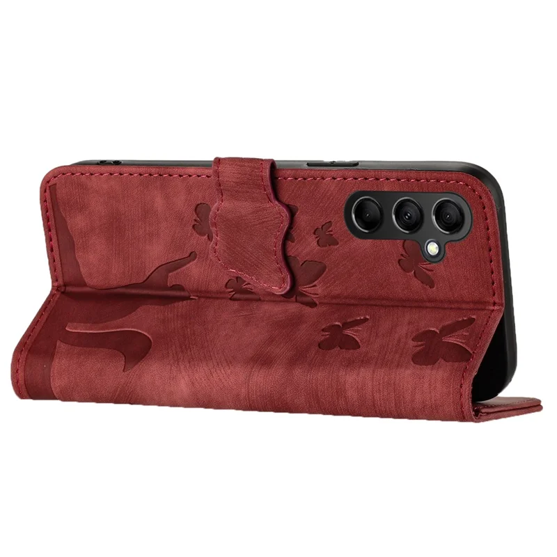 For Samsung Galaxy A15 5G Case Butterfly Cat Imprinted PU Leather Phone Cover - Red