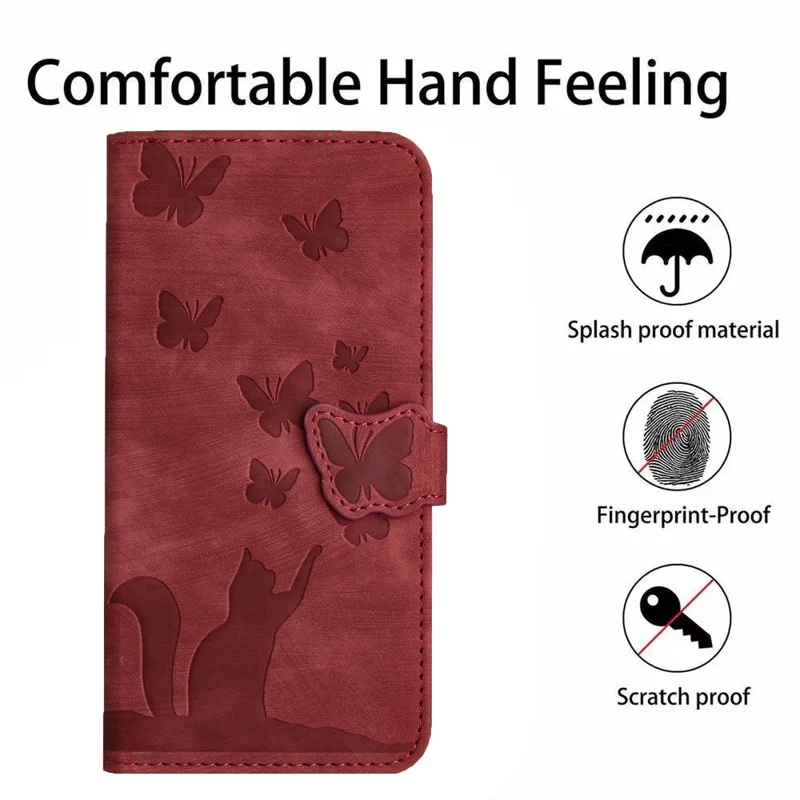 For Samsung Galaxy A15 5G Case Butterfly Cat Imprinted PU Leather Phone Cover - Red