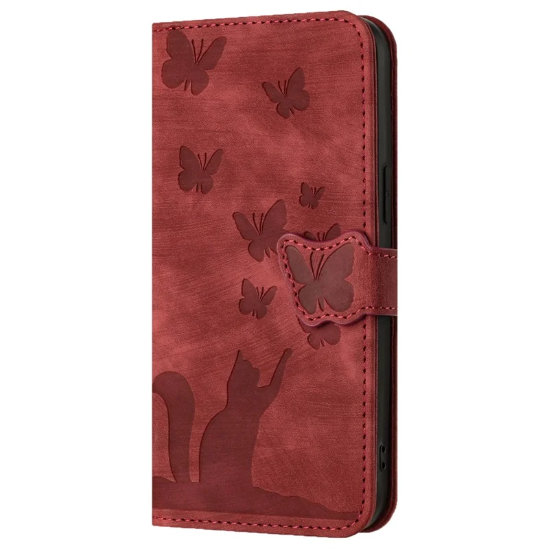 For Samsung Galaxy A15 5G Case Butterfly Cat Imprinted PU Leather Phone Cover - Red