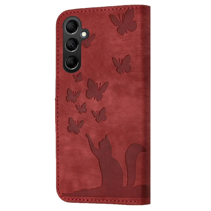 For Samsung Galaxy A15 5G Case Butterfly Cat Imprinted PU Leather Phone Cover - Red