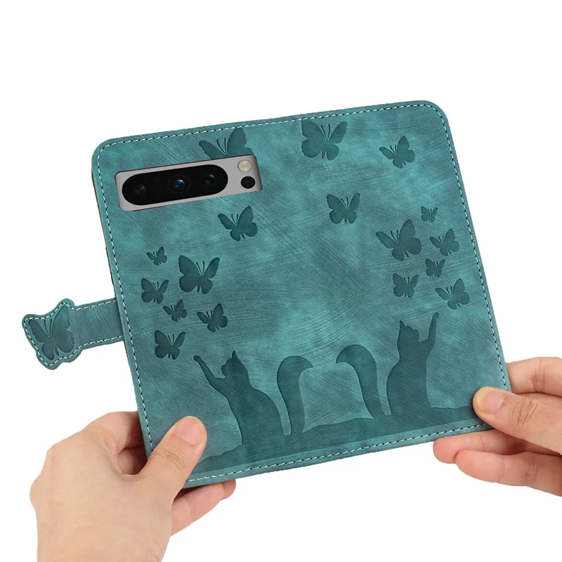 For Google Pixel 8 Pro Case Butterfly Cat Imprinted Wallet Phone Leather Cover - Blue