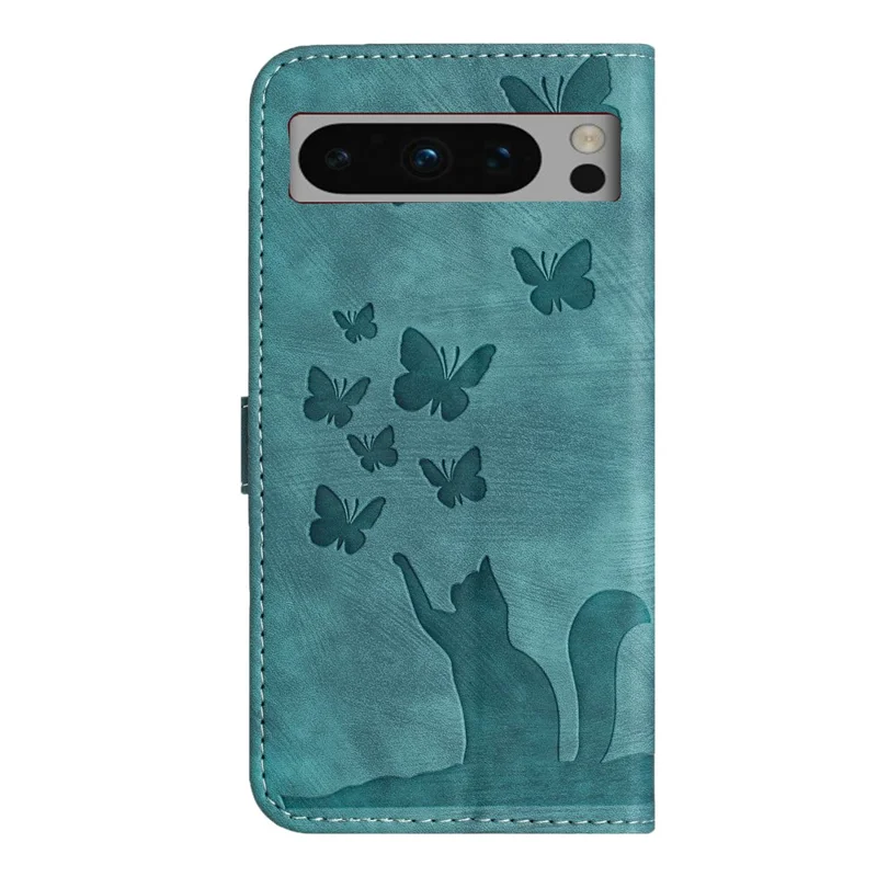 For Google Pixel 8 Pro Case Butterfly Cat Imprinted Wallet Phone Leather Cover - Blue