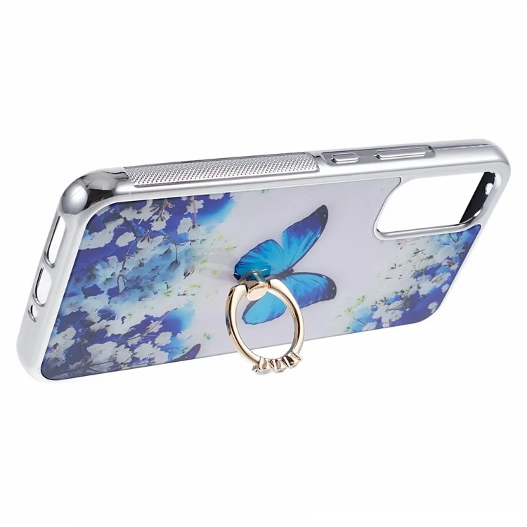 Kickstand PC+TPU Case for Samsung Galaxy A54 5G Case Electroplating IMD Pattern Phone Cover - White Bottom Blue Butterfly