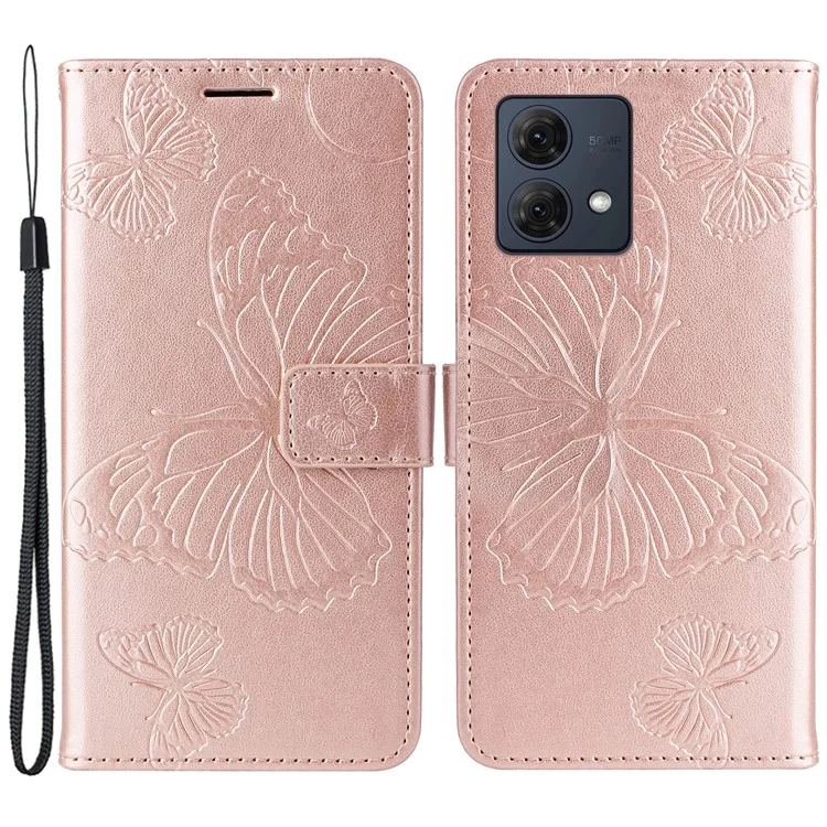 KT Imprinting Flower Series-2 per Motorola Moto G84 5G Case PU Leather Wallet Stand Butterfly Imprint Cell Phone Cover - Rose Gold