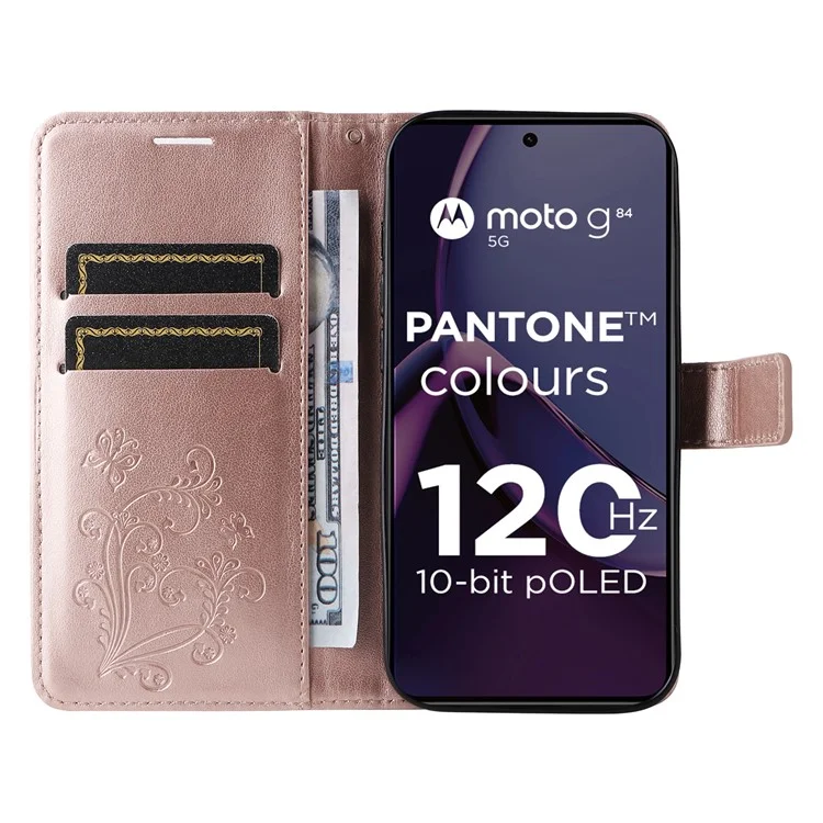 KT Imprinting Flower Series-2 per Motorola Moto G84 5G Case PU Leather Wallet Stand Butterfly Imprint Cell Phone Cover - Rose Gold