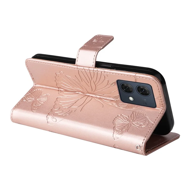 KT Imprinting Flower Series-2 per Motorola Moto G84 5G Case PU Leather Wallet Stand Butterfly Imprint Cell Phone Cover - Rose Gold