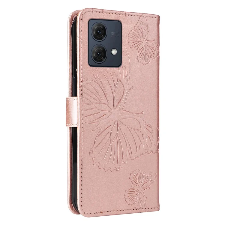 KT Imprinting Flower Series-2 per Motorola Moto G84 5G Case PU Leather Wallet Stand Butterfly Imprint Cell Phone Cover - Rose Gold