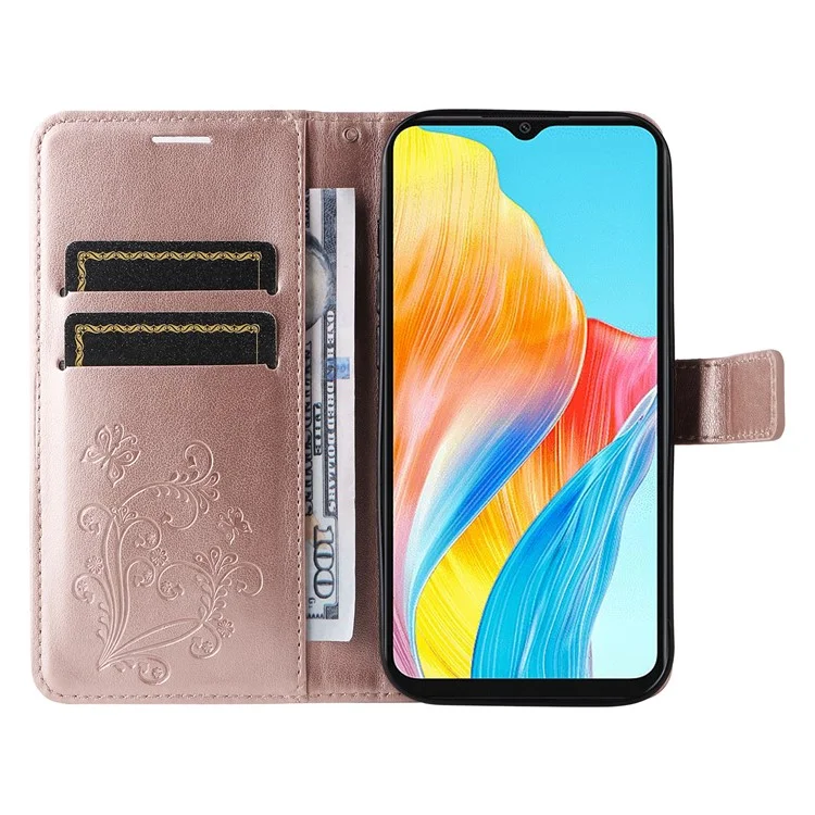 For Oppo A38 4G Wallet Case Floral Butterfly Imprinted Leather Phone Cover Stand - Rose Gold