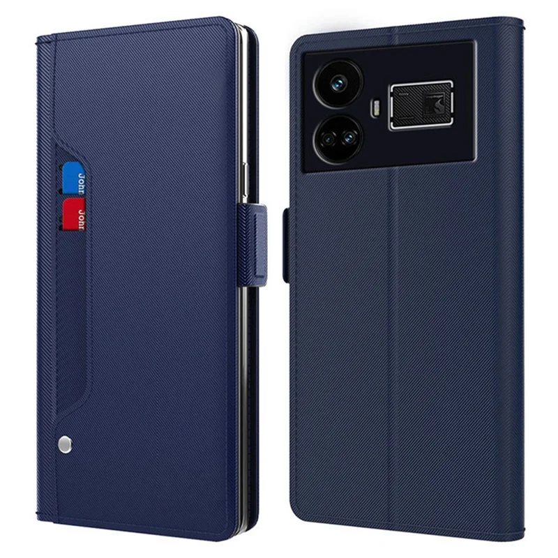 For Realme GT5 5G Case Stand Shell PU Leather Phone Cover with Mirror, Card Slot - Blue