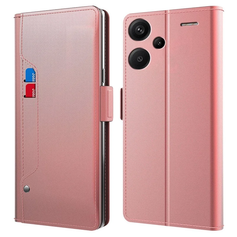 For Xiaomi Redmi Note 13 Pro+ 5G Mirror Design Stand Case PU Leather Phone Cover with Card Slot - Rose Gold