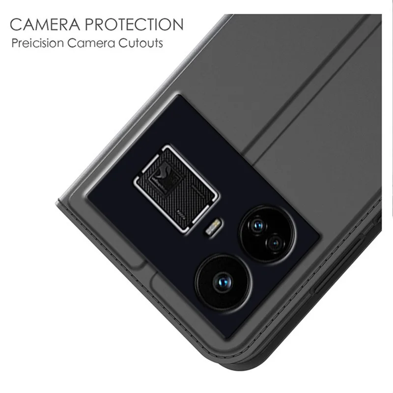 For Realme GT5 5G PU Leather Phone Case Card Holder Stand Magnetic Phone Cover - Black