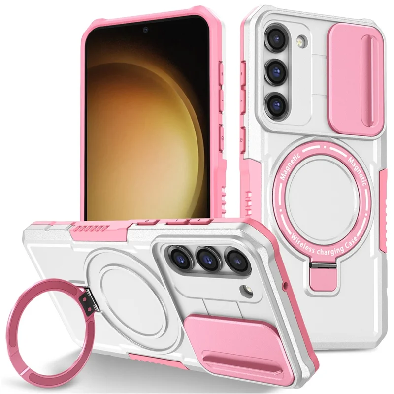 For Samsung Galaxy S23 Case Lens Protection Kickstand Magnetic Phone Cover - Pink / White