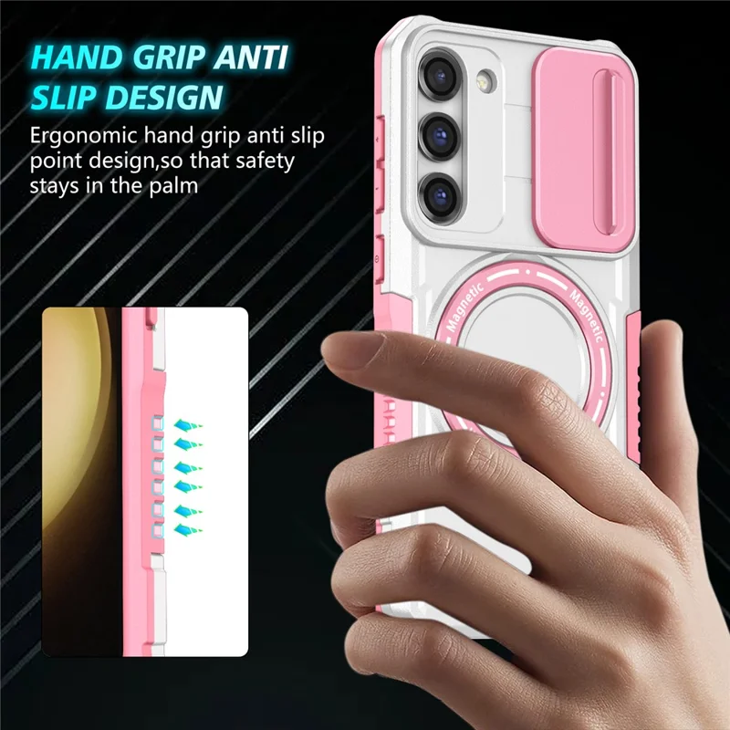 For Samsung Galaxy S23 Case Lens Protection Kickstand Magnetic Phone Cover - Pink / White