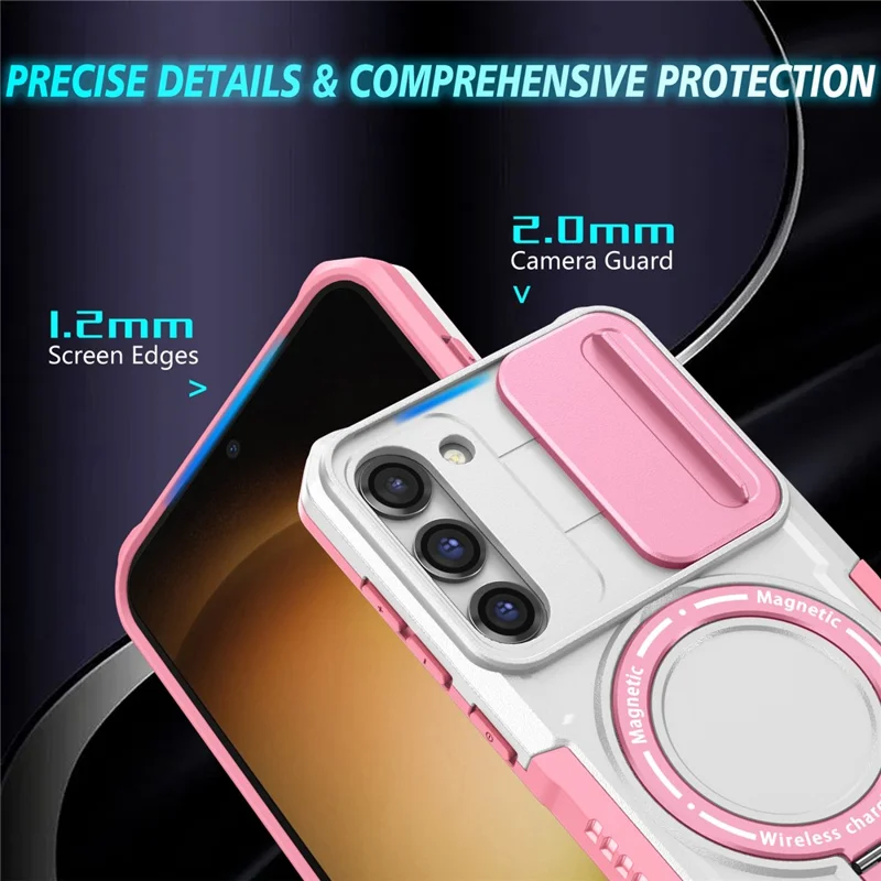 For Samsung Galaxy S23 Case Lens Protection Kickstand Magnetic Phone Cover - Pink / White