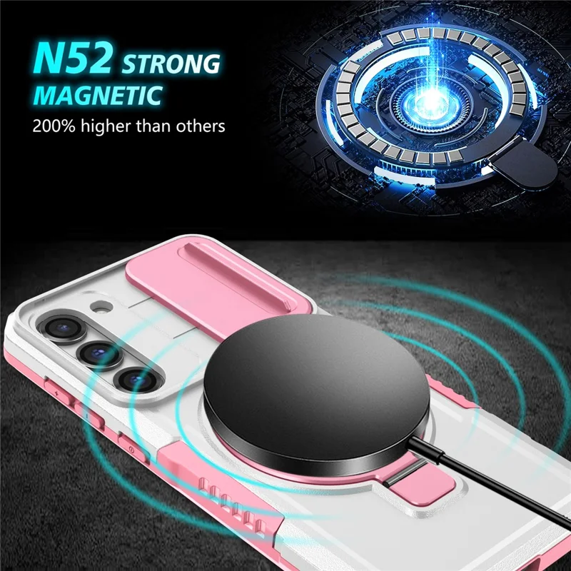 For Samsung Galaxy S23 Case Lens Protection Kickstand Magnetic Phone Cover - Pink / White