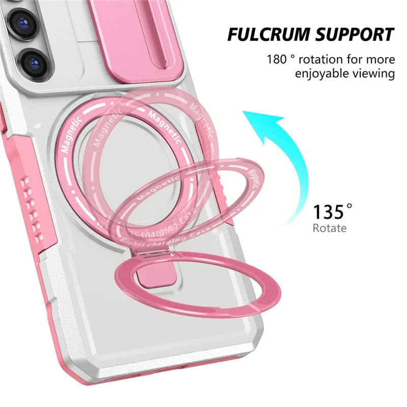 For Samsung Galaxy S23 Case Lens Protection Kickstand Magnetic Phone Cover - Pink / White