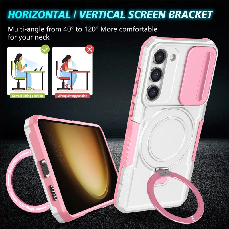 For Samsung Galaxy S23 Case Lens Protection Kickstand Magnetic Phone Cover - Pink / White
