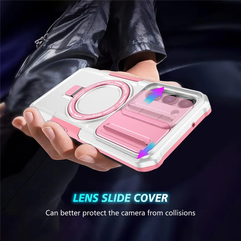 For Samsung Galaxy S23 Case Lens Protection Kickstand Magnetic Phone Cover - Pink / White