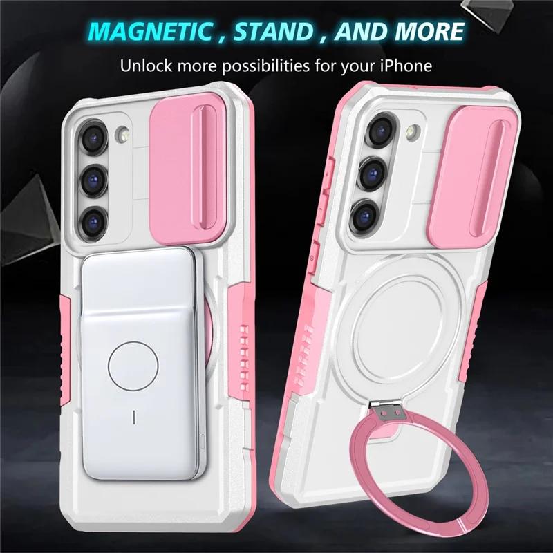 For Samsung Galaxy S23 Case Lens Protection Kickstand Magnetic Phone Cover - Pink / White