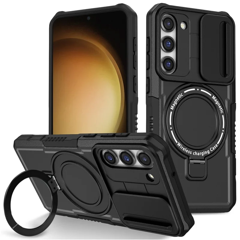 Voor Samsung Galaxy S23 Hoesje Lensbescherming Standaard Magnetisch Telefoonhoesje - Zwart