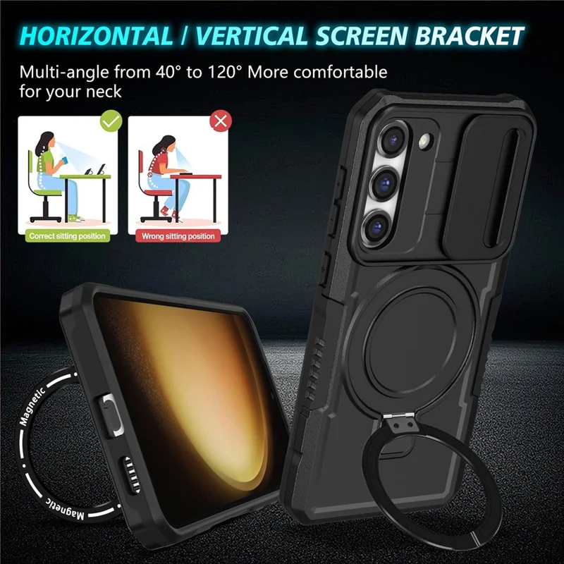 Voor Samsung Galaxy S23 Hoesje Lensbescherming Standaard Magnetisch Telefoonhoesje - Zwart