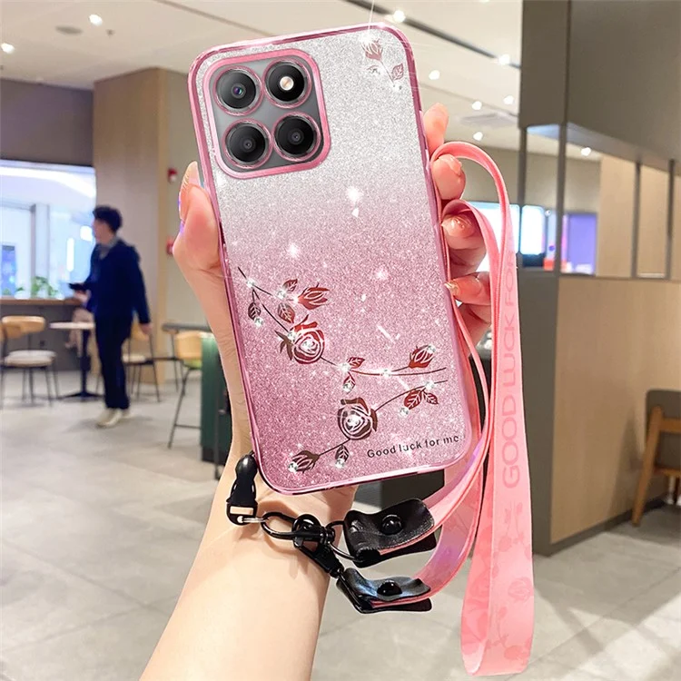 KADEM For Honor X6a 4G Carcasa TPU Degradado Brillante Funda de Teléfono con Correa - Oro Rosa