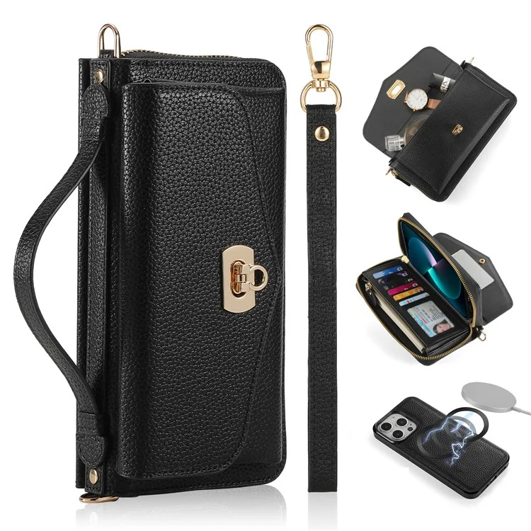 POLA Style 001 For iPhone 14 Pro Max Case RFID Blocking Detachable Leather Wallet Phone Cover - Black