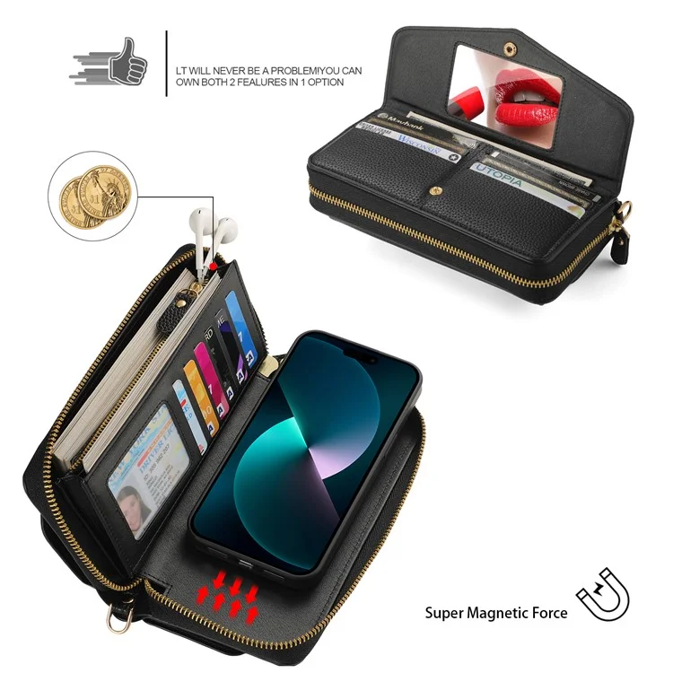 POLA Style 001 For iPhone 14 Pro Max Case RFID Blocking Detachable Leather Wallet Phone Cover - Black