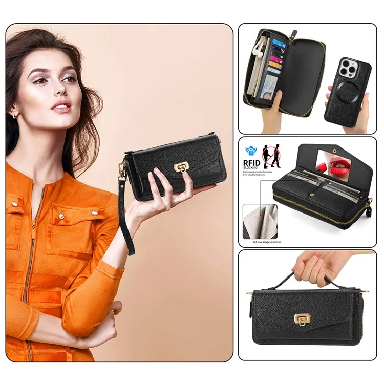 POLA Style 001 For iPhone 14 Pro Max Case RFID Blocking Detachable Leather Wallet Phone Cover - Black