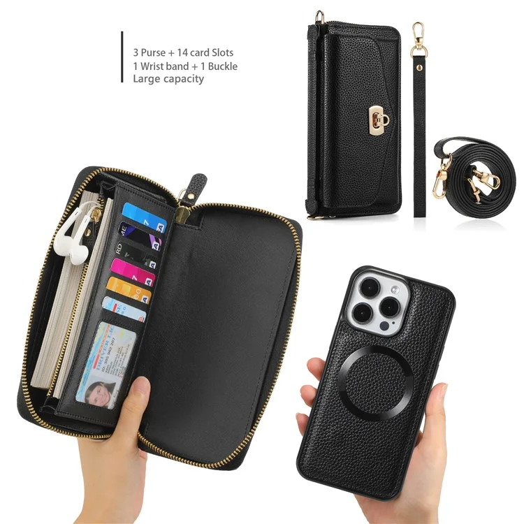POLA Style 001 For iPhone 14 Pro Max Case RFID Blocking Detachable Leather Wallet Phone Cover - Black
