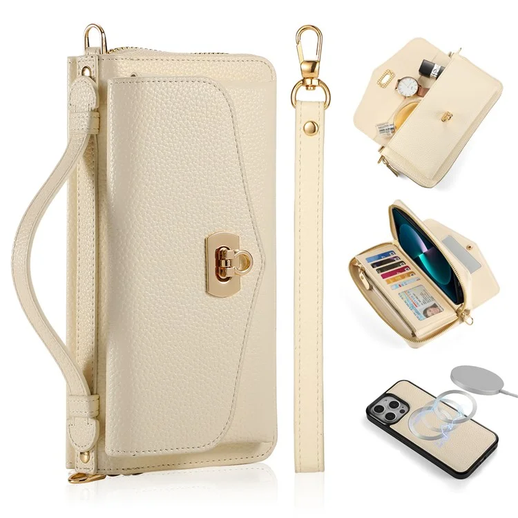 POLA Style 001 Per iPhone 13 Pro Case Design a Specchio Portafoglio Estraibile Cover in Pelle del Telefono - Beige
