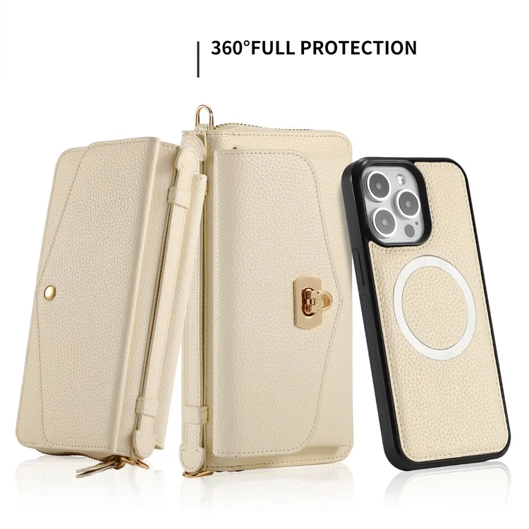 POLA Style 001 Per iPhone 13 Pro Case Design a Specchio Portafoglio Estraibile Cover in Pelle del Telefono - Beige