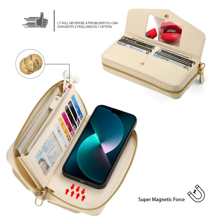POLA Style 001 Per iPhone 13 Pro Case Design a Specchio Portafoglio Estraibile Cover in Pelle del Telefono - Beige
