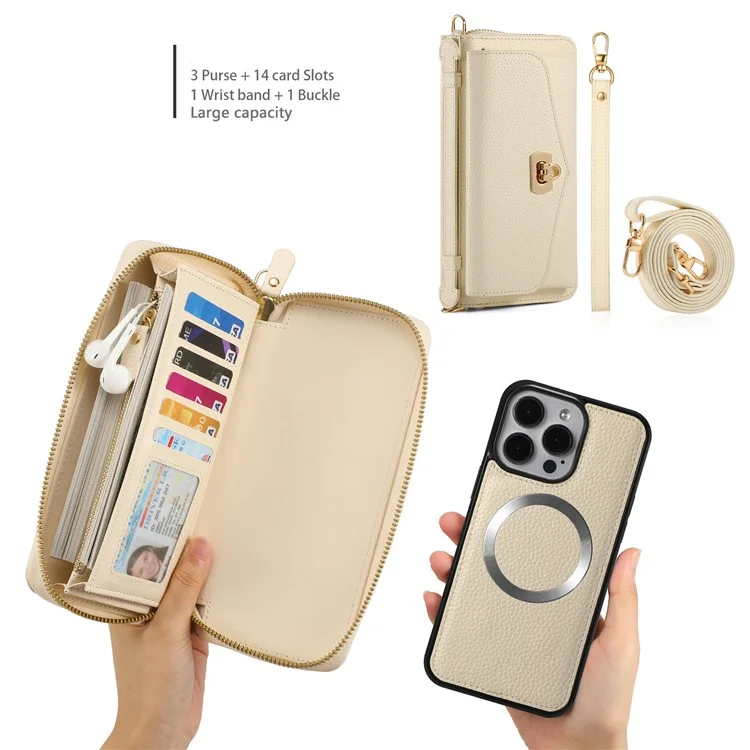 POLA Style 001 Per iPhone 13 Pro Case Design a Specchio Portafoglio Estraibile Cover in Pelle del Telefono - Beige
