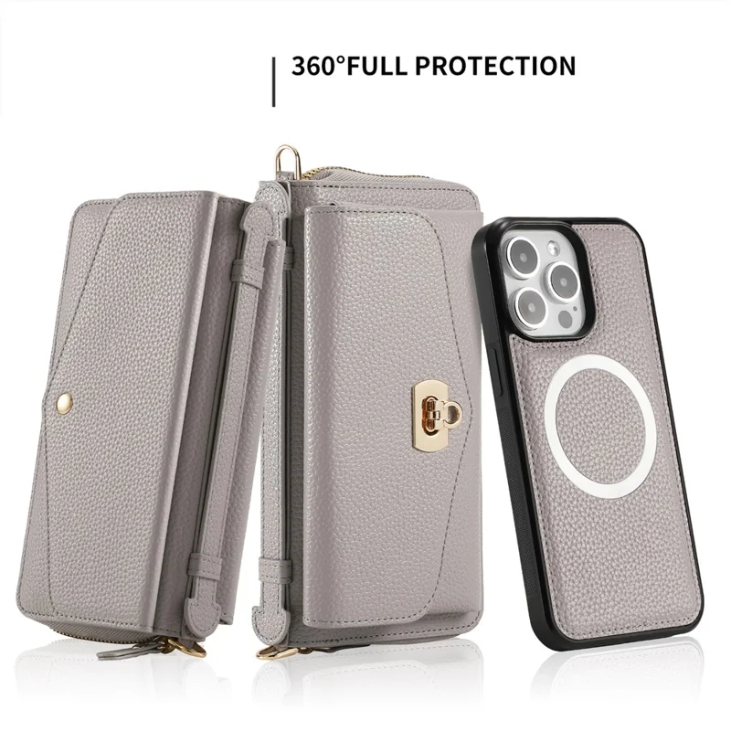 POLA Style 001 Para iPhone 13 Pro Max Capa Proteção Completa Carteira Destacável de Couro Capa de Telefone - Cinza