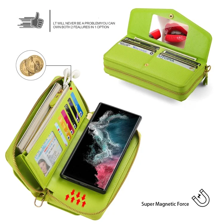 POLA Style 001 für Samsung Galaxy S23 Ultra Case PU-Leder-Telefonabdeckung mit abnehmbarer Geldbörse - Grün