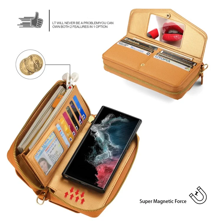 POLA Style 001 Für Samsung Galaxy S22 Ultra 5G Case Abnehmbare Brieftasche Stoßsichere Lederhandy-Abdeckung - Orange