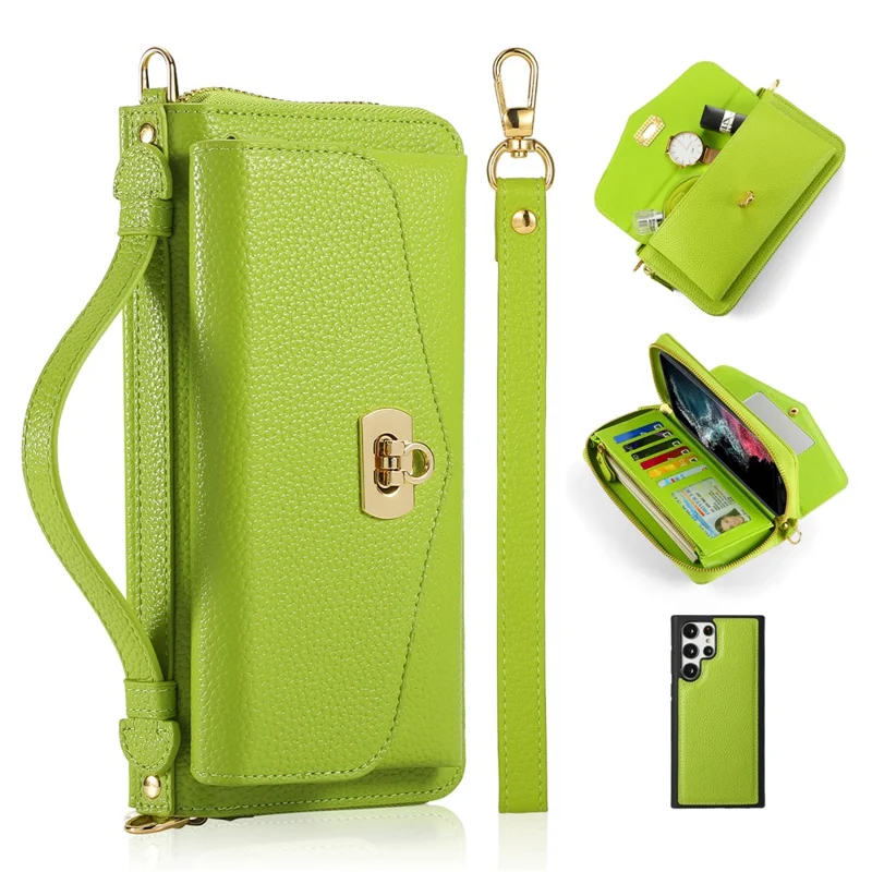 POLA Style 001 For Samsung Galaxy S22 Ultra 5G Case Detachable Wallet Bump Proof Leather Phone Cover - Green