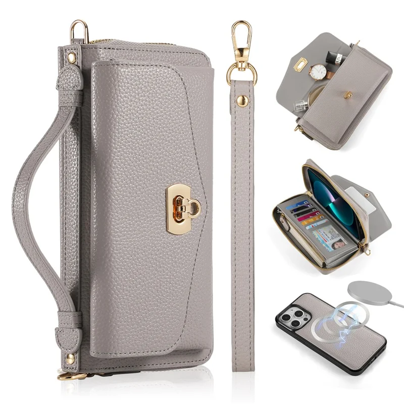 POLA Style 001 For iPhone 14 Pro Case Detachable Wallet Cell Phone Leather Cover - Grey