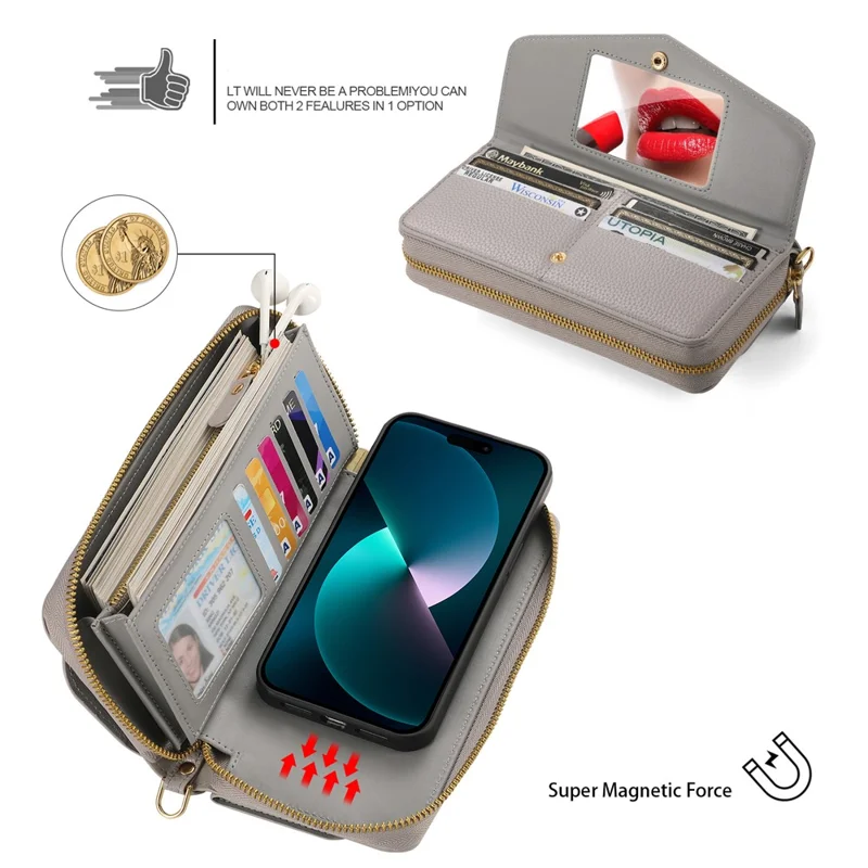 POLA Style 001 For iPhone 14 Pro Case Detachable Wallet Cell Phone Leather Cover - Grey