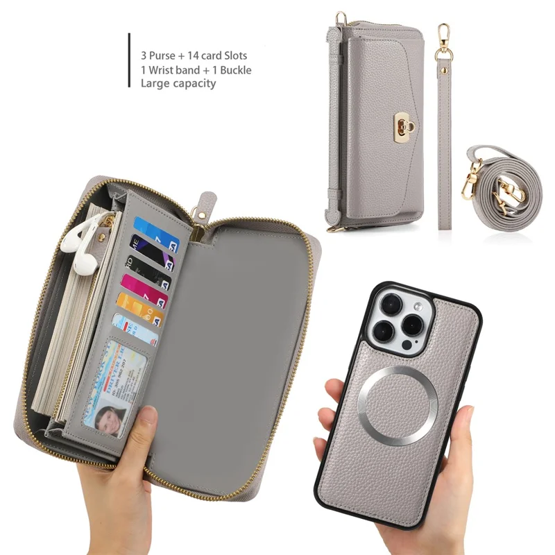 POLA Style 001 For iPhone 14 Pro Case Detachable Wallet Cell Phone Leather Cover - Grey