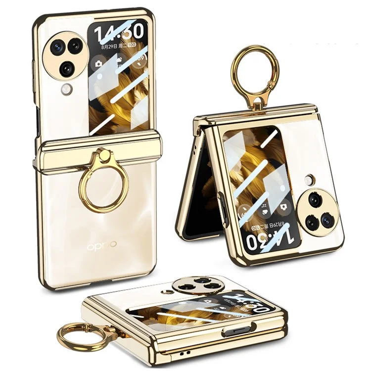 GKK For Oppo Find N3 Flip 5G Clear Case Kickstand Electroplating PC Cover with Rear Screen Film - Champagne Gold