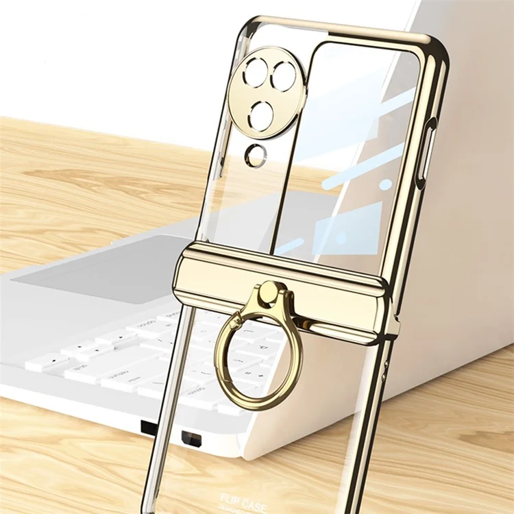 GKK For Oppo Find N3 Flip 5G Clear Case Kickstand Electroplating PC Cover with Rear Screen Film - Champagne Gold