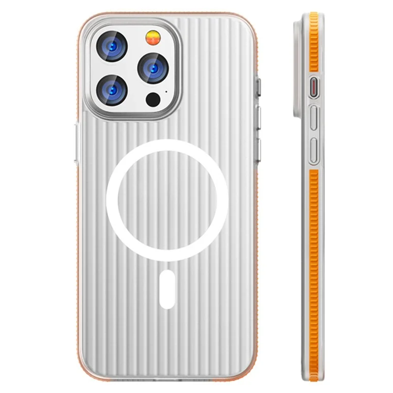 For iPhone 14 Pro Max Case Compatible with MagSafe Corrugated Texture Matte PC Phone Cover - Orange Edge