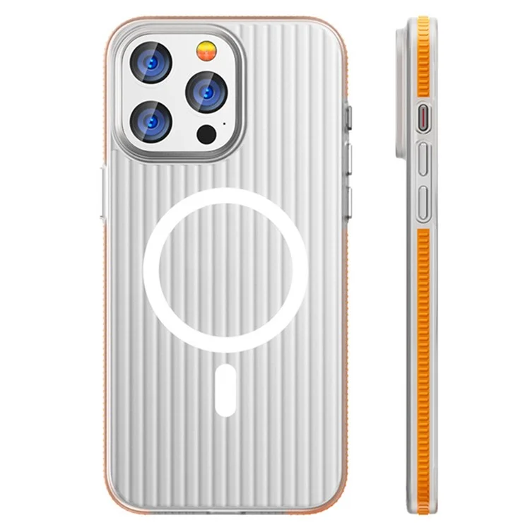 Per iPhone 15 Pro Max Case PC Corrugated Texture Anti-drop Phone Cover Compatible with MagSafe - Orange Edge