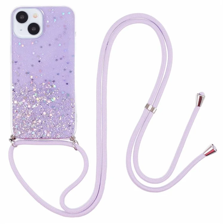 AW Series for iPhone 15 Case Sparkle Epoxy TPU Phone Cover with Lanyard - Purple