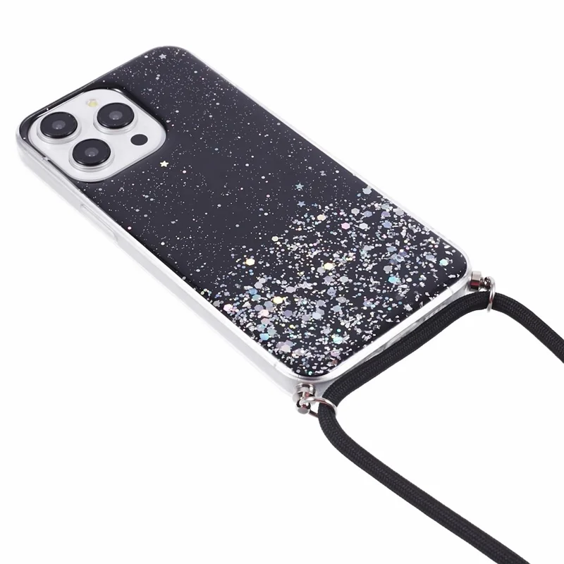 AW Series Epoxy TPU Phone Cover for iPhone 14 Pro Max Cell Phone Case Sparkle Shell with Lanyard - Black