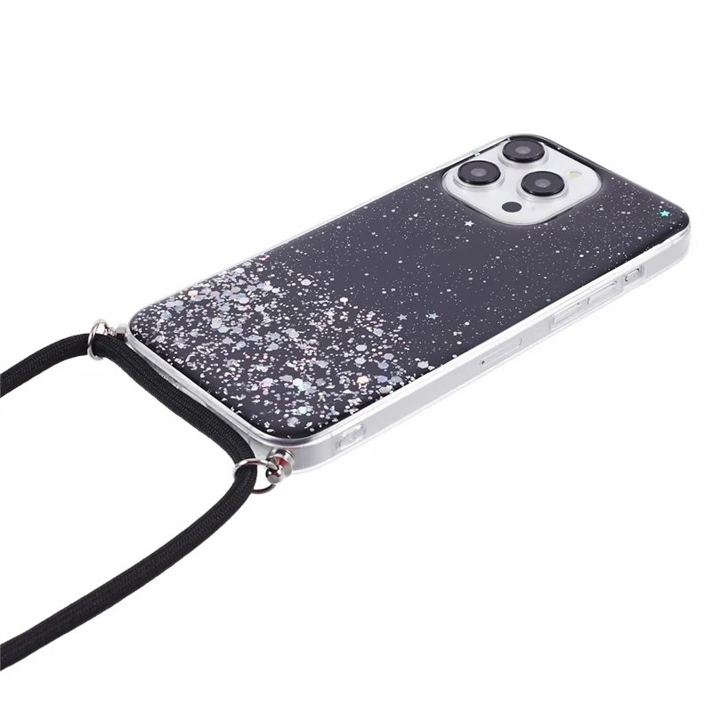 AW Series Epoxy TPU Phone Cover for iPhone 14 Pro Max Cell Phone Case Sparkle Shell with Lanyard - Black